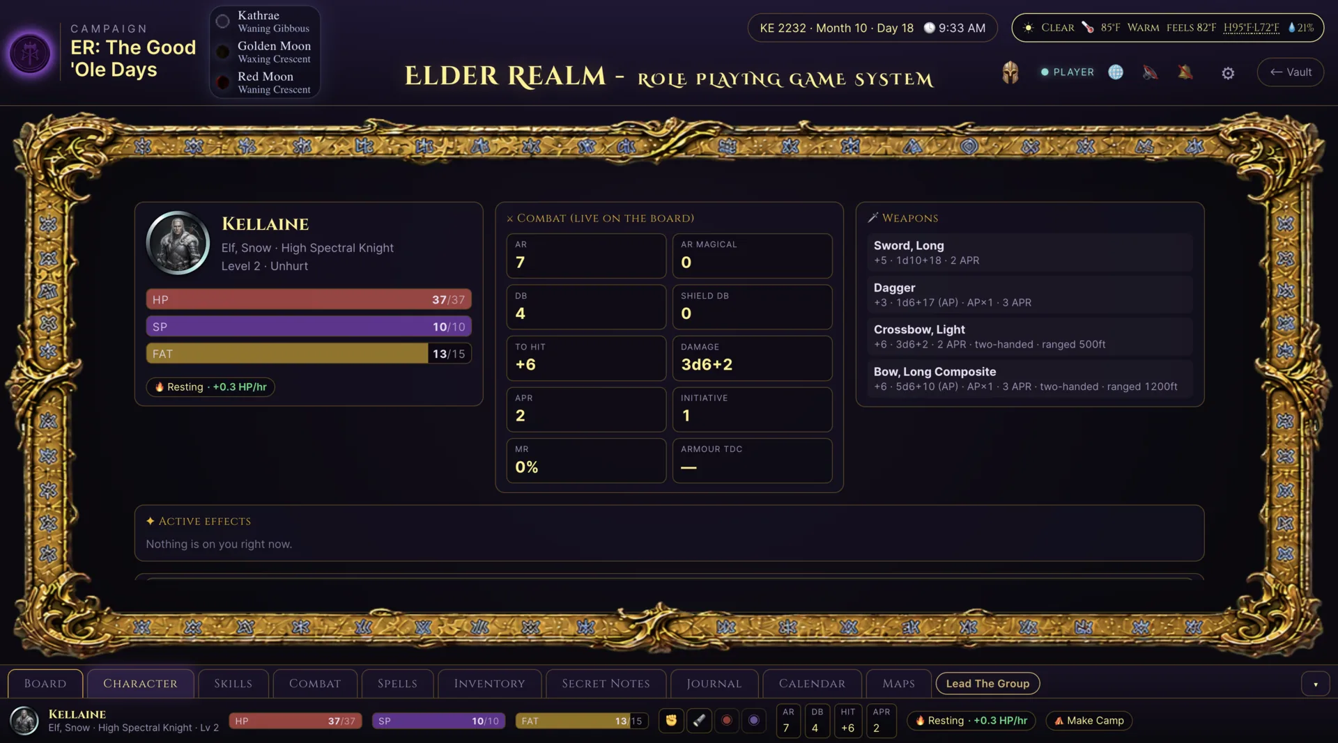 Elder Realm character overview showing attributes, resources, and sheet navigation