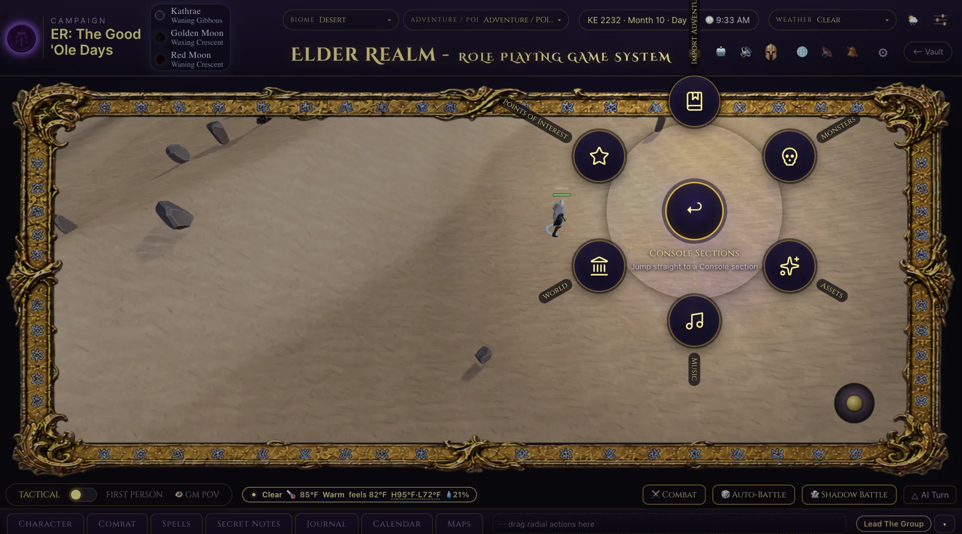 Elder Realm Game Master combat controls with Shadow Battle available in the interface