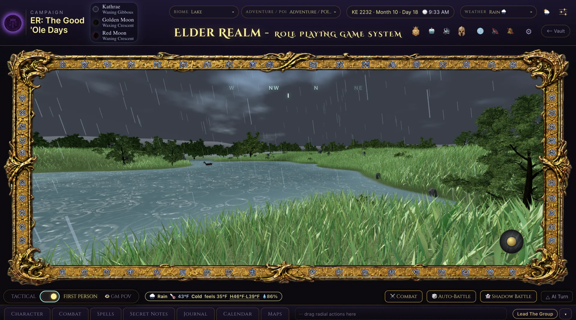 Elder Realm Game Master view of a rainy lakeside scene in the multiplayer 3D tabletop