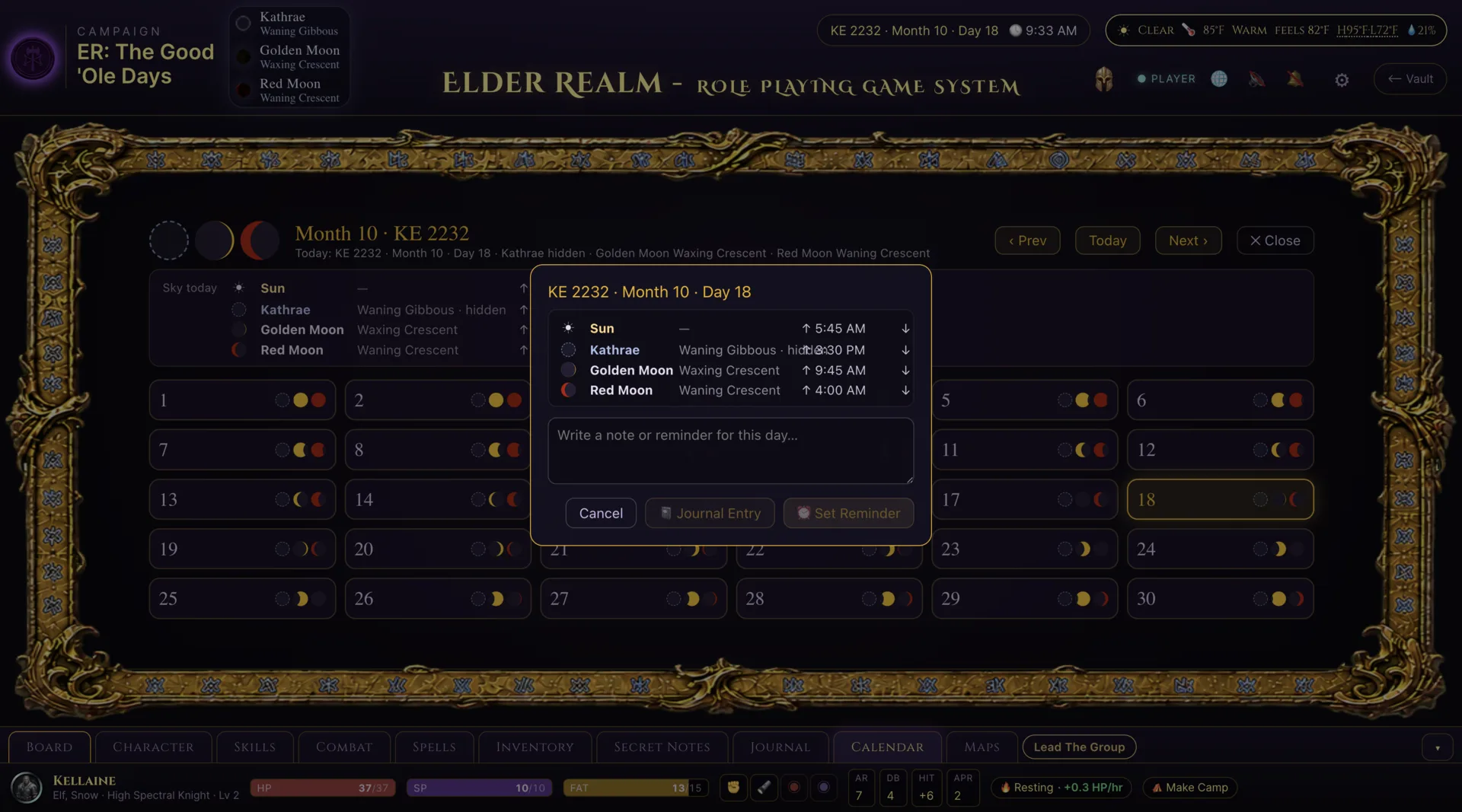Elder Realm player calendar showing the current Hextraas date, three moon phases, celestial timing, and day planning controls