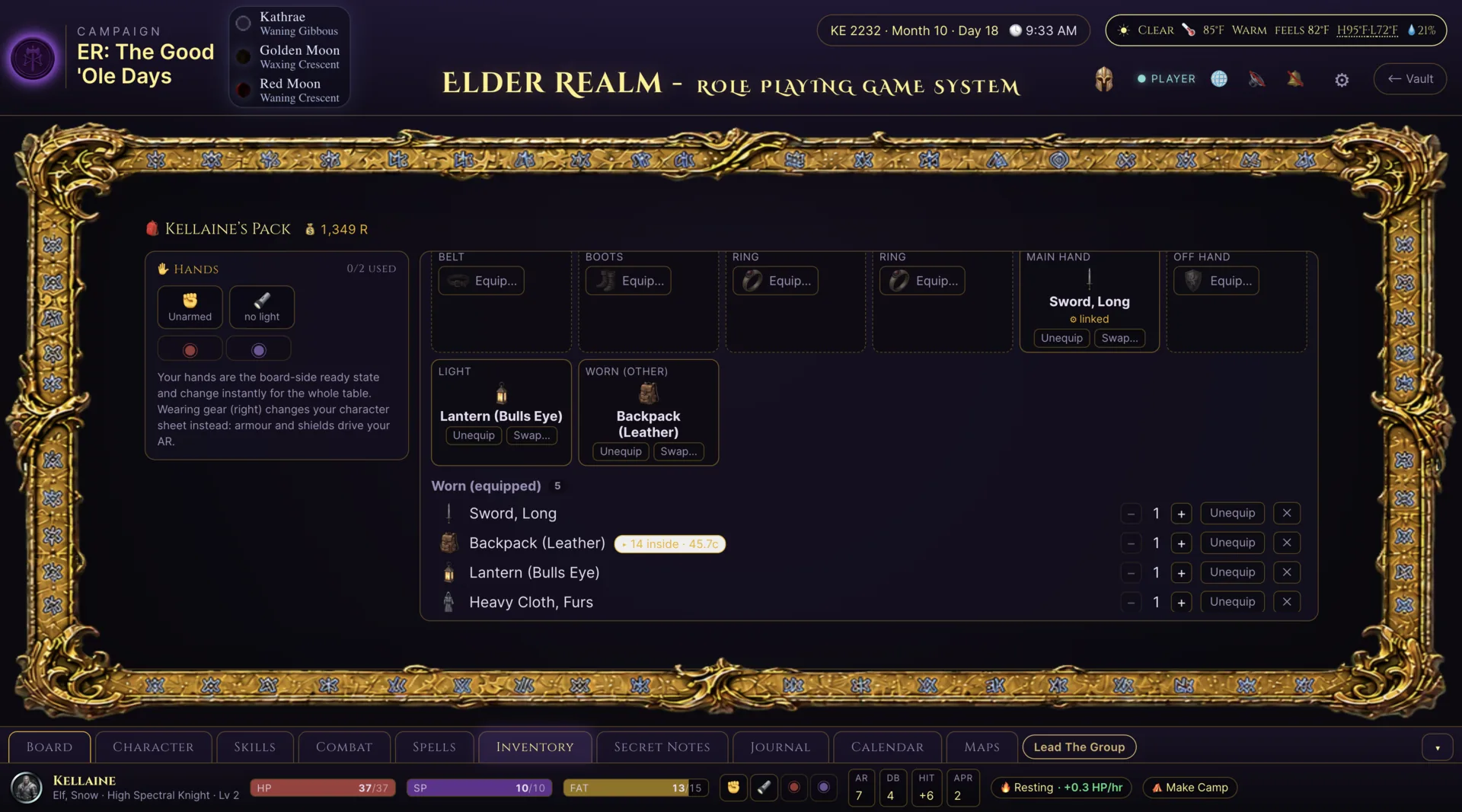 Elder Realm player inventory connected to the same character sheet