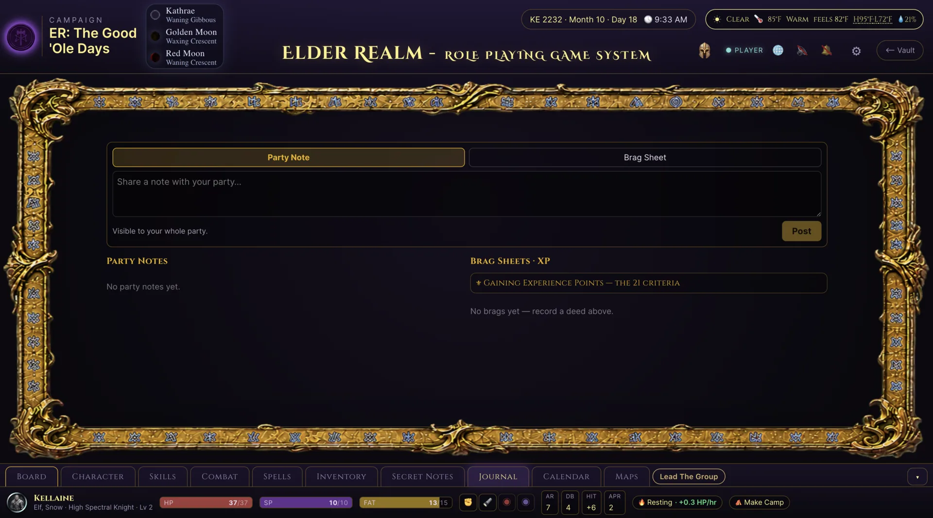 Elder Realm player Journal with Party Notes and Brag Sheets for experience adjudication