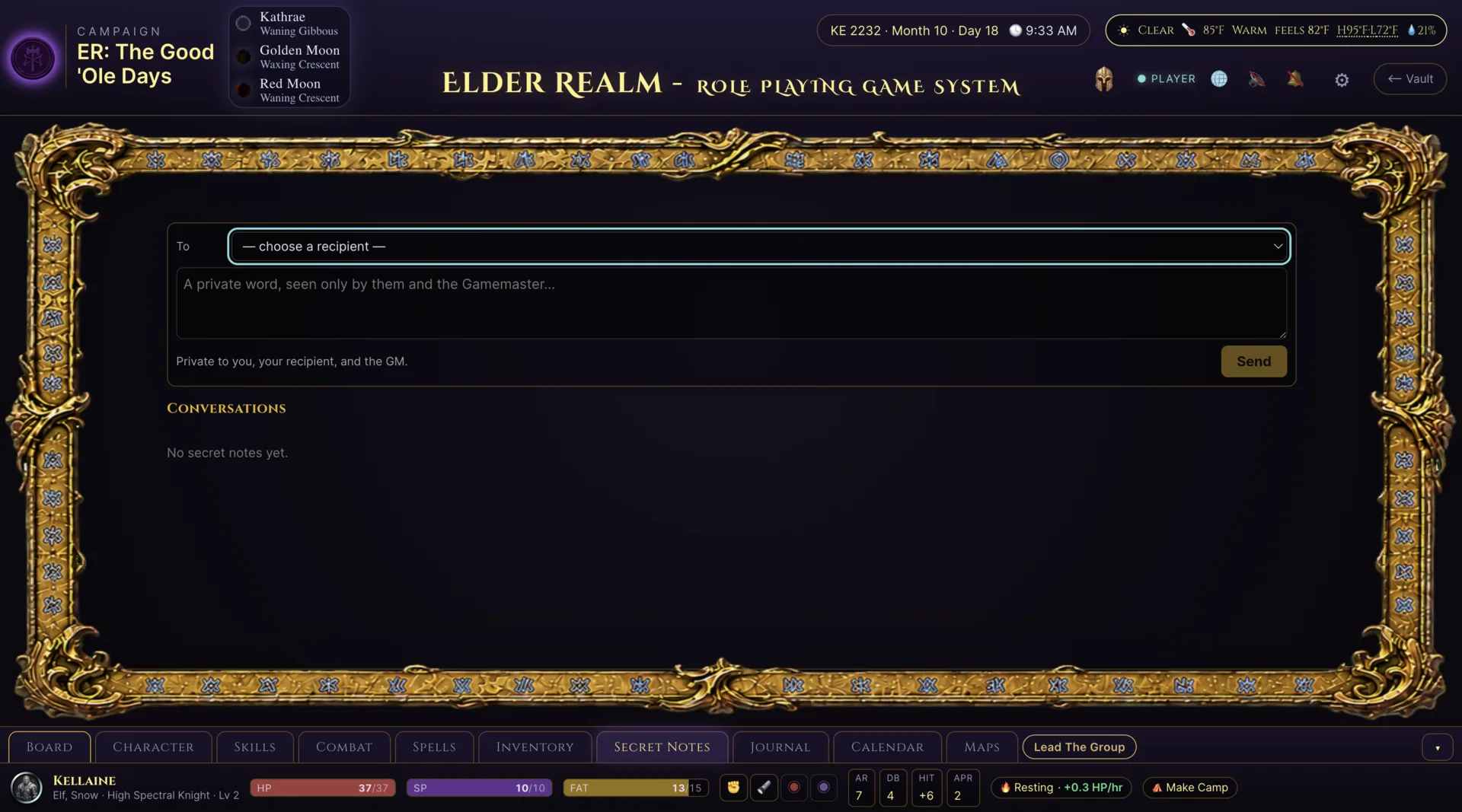 Elder Realm player Secret Notes interface for private character and Game Master conversations