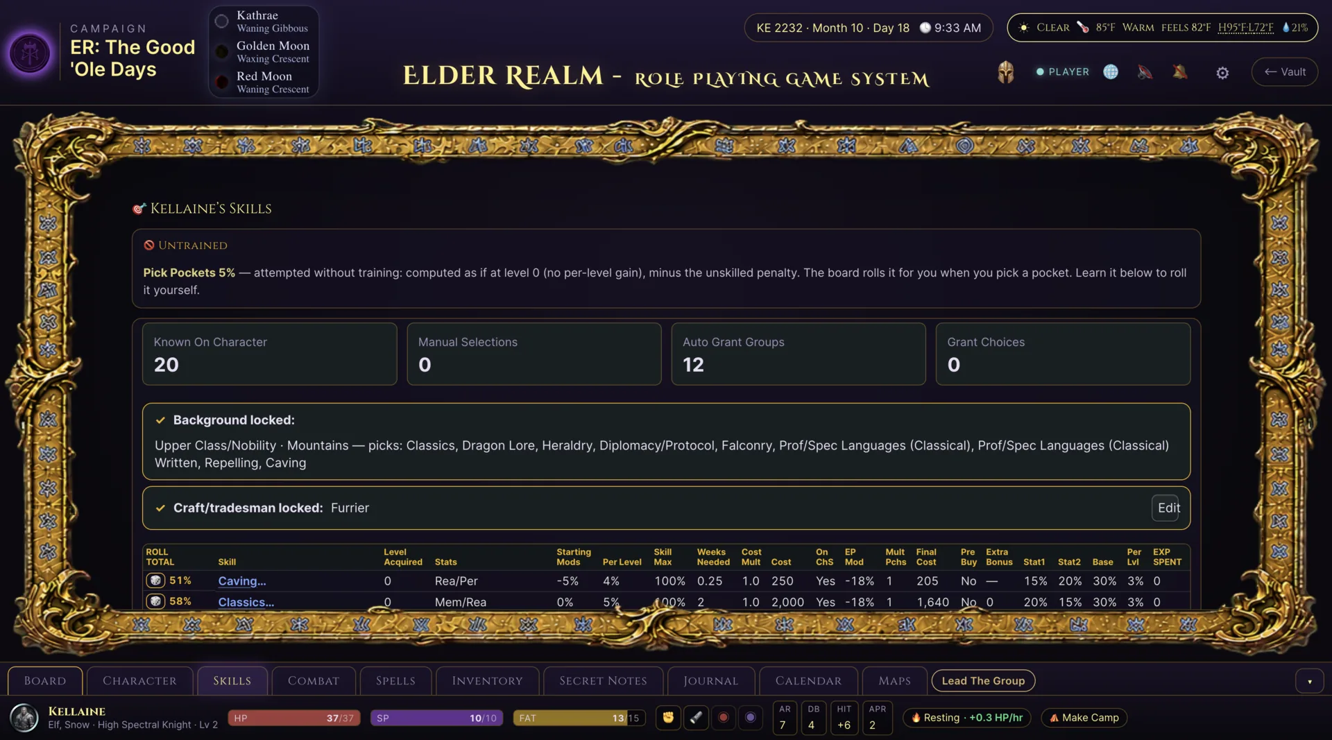 Elder Realm player skill sheet with learned abilities and character values