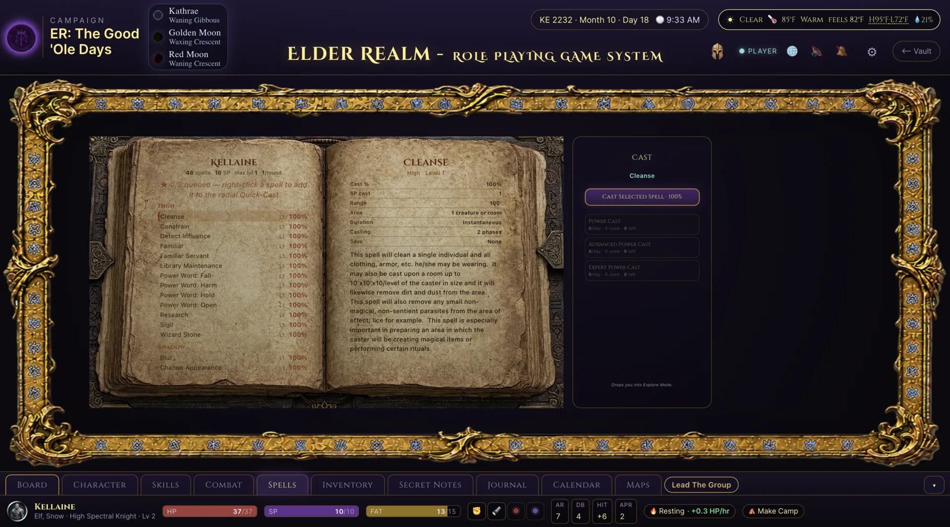 Elder Realm player spellbook with spell records and casting details