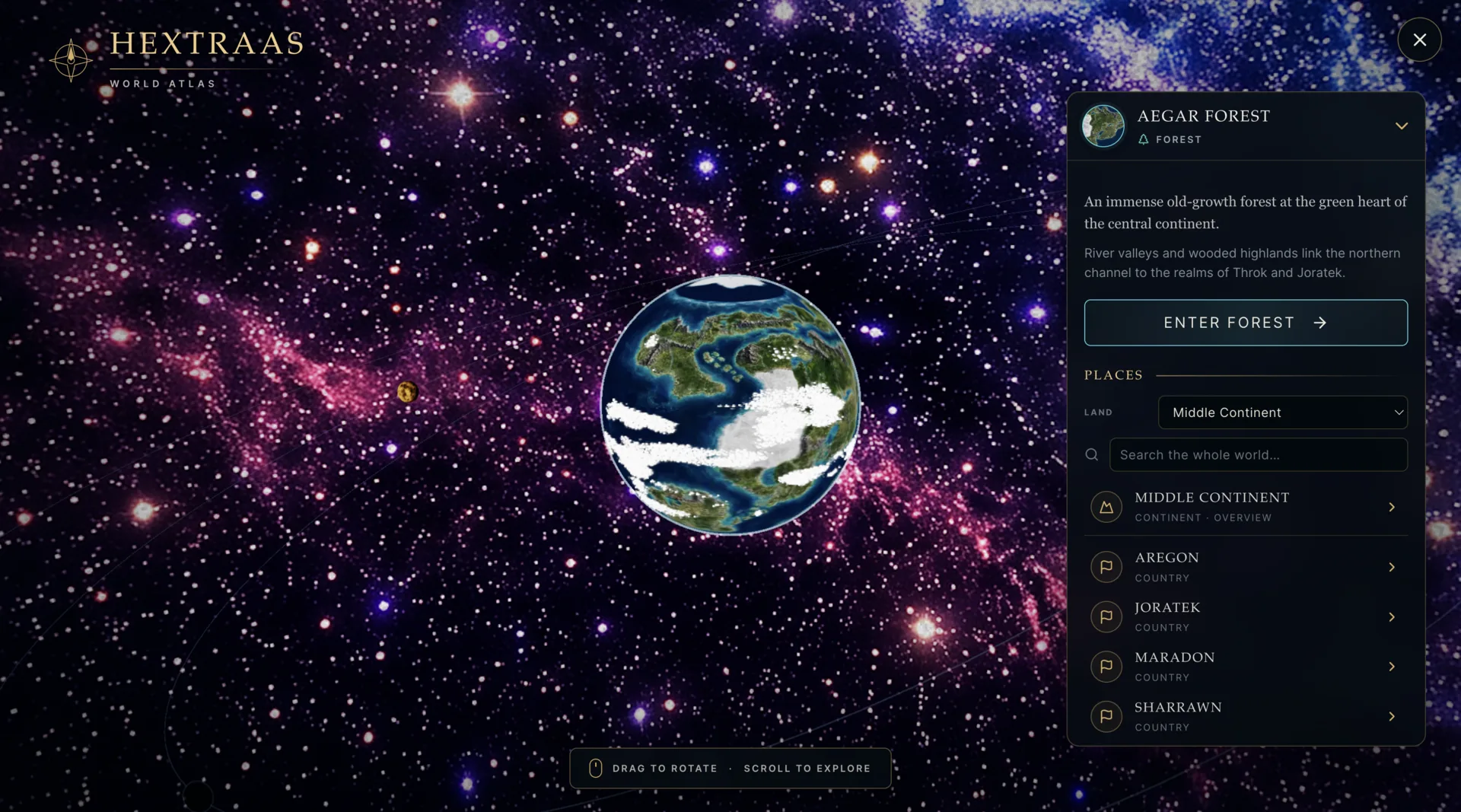 Elder Realm World Atlas with player-visible settlements, geography, and map navigation